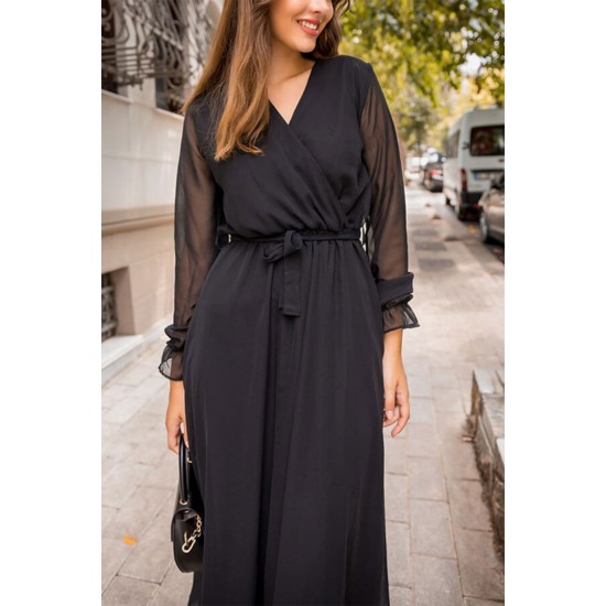 Siyah Uzun Kruvaze Yaka Şifon Elbise