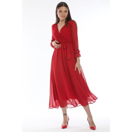 Kırmızı Kruvaze Yaka Büyük Beden Şifon Elbise