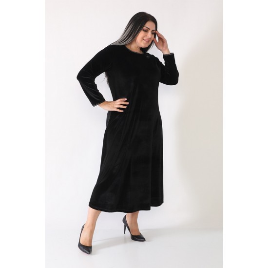 Kadın Siyah Yuvarlak Yaka Sim Detaylı Siyah Uzun Kadife Elbise 1792
