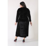 Kadın Siyah Yuvarlak Yaka Sim Detaylı Siyah Uzun Kadife Elbise 1792
