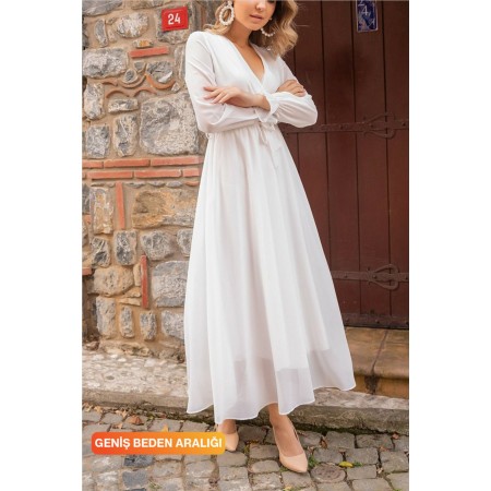 Kadın Beyaz Uzun Kruvaze Yaka Şifon Elbise
