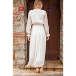 Kadın Beyaz Uzun Kruvaze Yaka Şifon Elbise