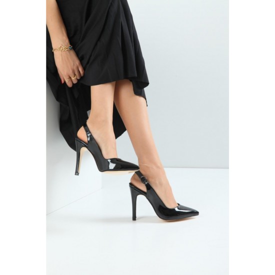 Kadın Siyah Stiletto Kırışık Rugan Cilt Sivri Topuklu Ayakkabı