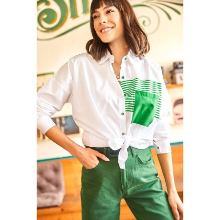 Kadın Beyaz Yeşil Cep Detaylı Oversize Dokuma Gömlek GML-19000978
