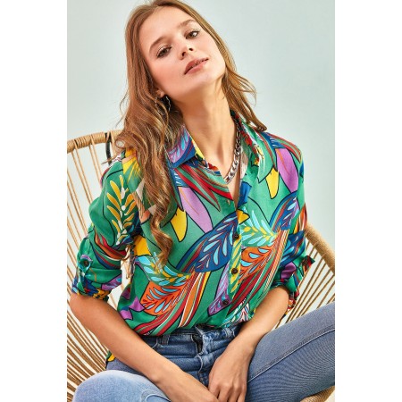 Kadın Multi Yaprak Desenli Kol Katlamalı Viskon Gömlek