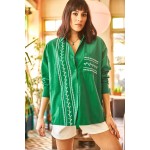 Kadın Çimen Yeşili Cep Detaylı Baskılı Dokuma Gömlek GML-19000985
