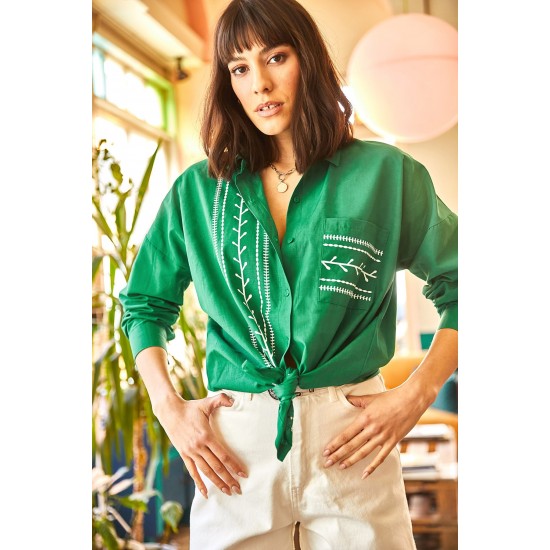 Kadın Çimen Yeşili Cep Detaylı Baskılı Dokuma Gömlek GML-19000985
