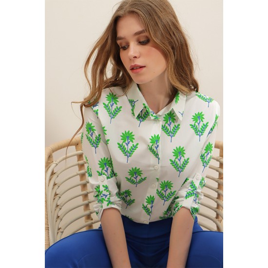 Kadın Yeşil Çiçek Desenli Kolu Katlanabilir Düğmeli Poplin Gömlek ALC-X7811