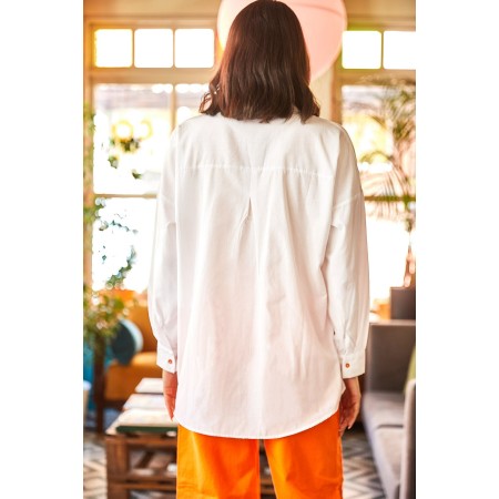 Kadın Beyaz Turuncu Cep Detaylı Oversize Dokuma Gömlek GML-19000978