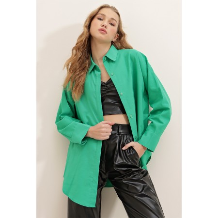 Kadın Yeşil Oversize Uzun Dokuma Gömlek ALC-X6828