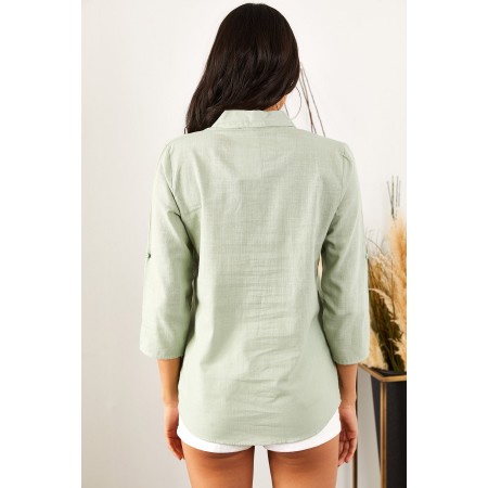 Kadın Mint Yeşili Kol Katlamalı Keten Gömlek