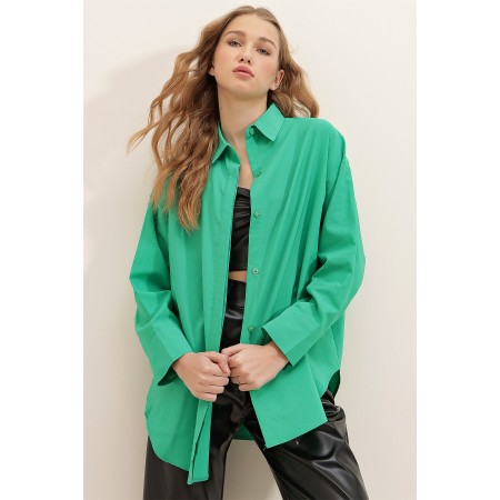Kadın Yeşil Oversize Uzun Dokuma Gömlek ALC-X6828