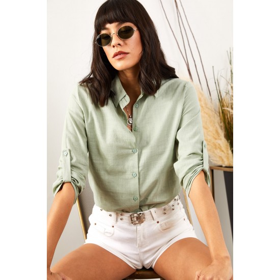 Kadın Mint Yeşili Kol Katlamalı Keten Gömlek