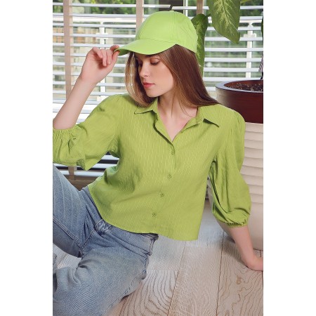 Kadın Yağ Yeşili Prenses Kol Armürlü Keten Dokuma Gömlek ALC-X7879