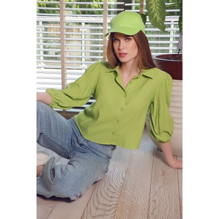 Kadın Yağ Yeşili Prenses Kol Armürlü Keten Dokuma Gömlek ALC-X7879