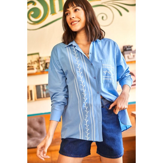 Kadın Saks Mavi Cep Detaylı Baskılı Dokuma Gömlek GML-19000985