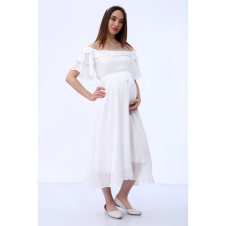 Carmen Yaka Şifon Beyaz Elbise