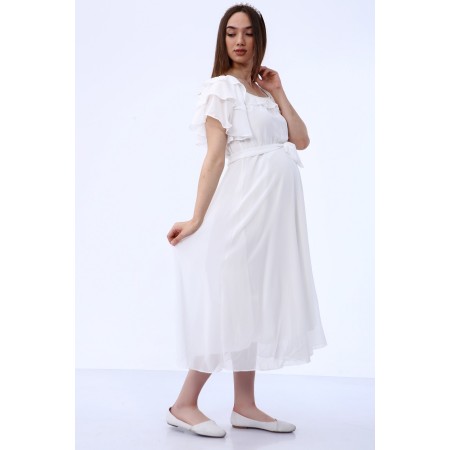 Carmen Yaka Şifon Beyaz Elbise