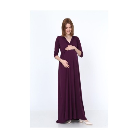 Truvakar Kol Kruvaze Yaka Beli Büzgülü Uzun Mürdüm Hamile Elbisesi
