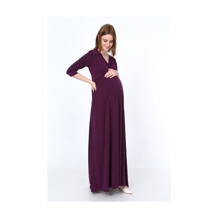 Truvakar Kol Kruvaze Yaka Beli Büzgülü Uzun Mürdüm Hamile Elbisesi