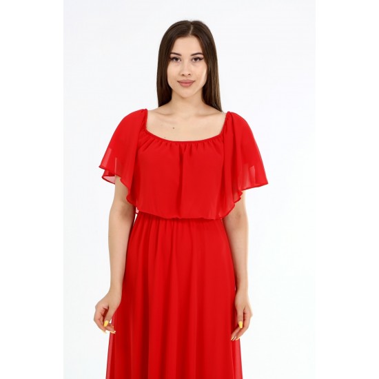 Kırmızı Uzun Şifon Çekim Elbisesi