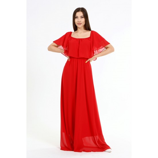 Kırmızı Uzun Şifon Çekim Elbisesi
