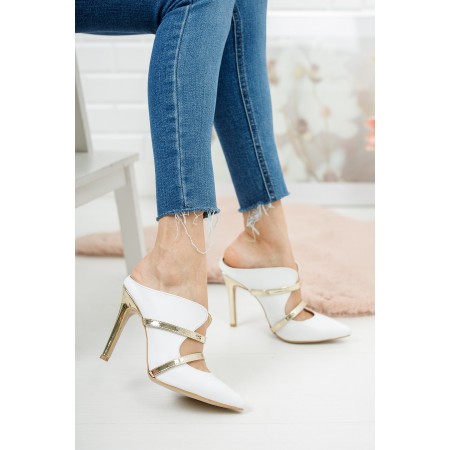 Beyaz Altın Baretli Sivri Burunlu Kadın Topuklu Ayakkabı