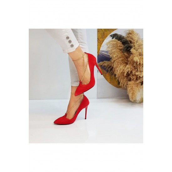 Kadın Kırmızı Zincirli Topuklu Ayakkabı