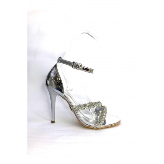 Kadın Gümüş Taşlı Bantlı Topuklu Ayakkabı
