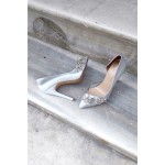 Gümüş Saten 11 Cm Yan Şeffaf Yıldız Taşlı Topuklu Stiletto Kadın Ayakkabı
