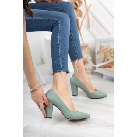 Kadın Yeşil Cilt Yüksek Kalın Topuklu Ayakkabı