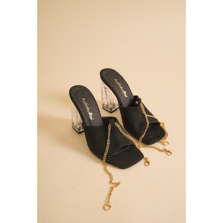 Siyah Süet Zincir Detaylı Şeffaf Kadın Topuklu Ayakkabı