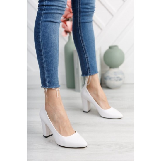 Kadın Beyaz Cilt Yüksek Kalın Topuklu Ayakkabı