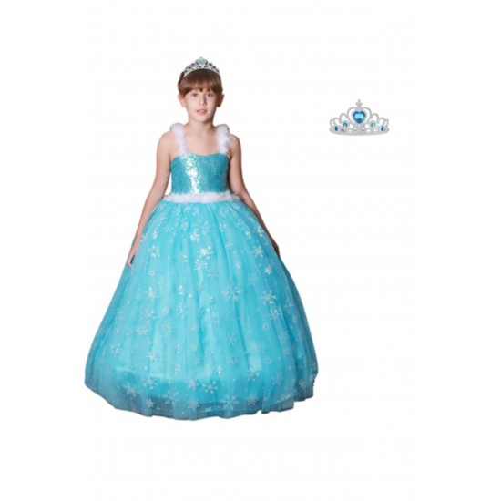 Elsa Kostümü Kız Çocuk Abiye Askılı Tarlantalı Elsa Elbisesi Taç Hediyeli