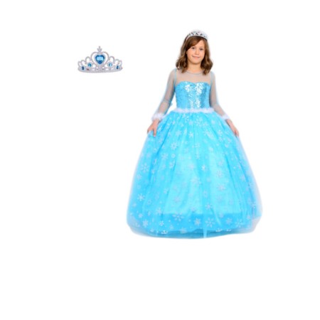 Kız Çocuk Mavi Uzun Kollu Elsa Elbise Tarlatanlı Taç Hediyeli
