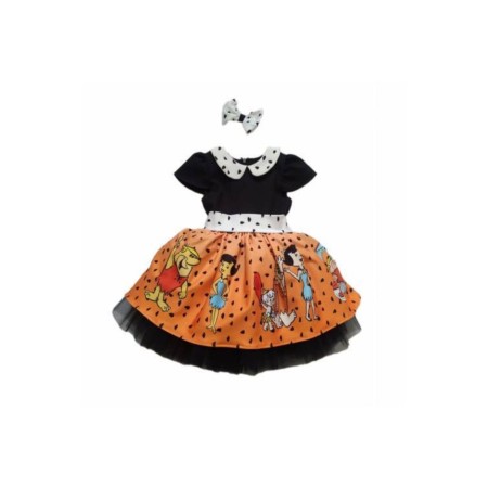 Bambam Çakıl Kostümü - Taş Devri Baskılı Kız Çocuk Elbise - Kız Çocuk Abiye - Çocuk Elbisesi