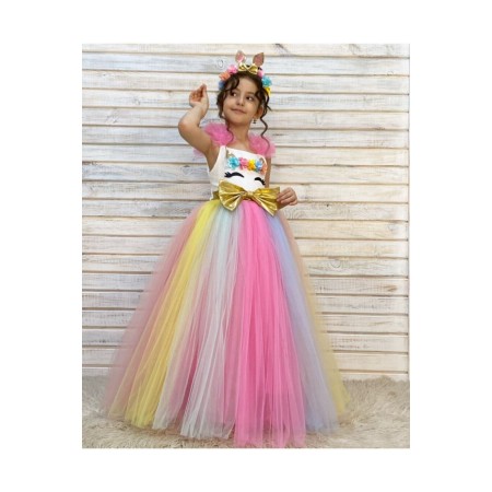 Kız Çocuk Renkli Unicorn Pullu Tütülü Doğum Günü Elbisesi