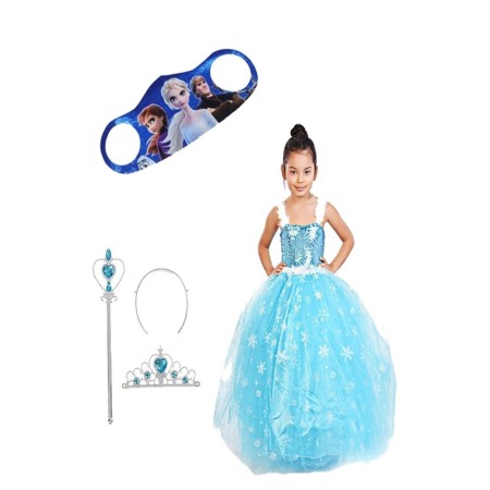 Kız Çocuk Askılı Tarlatanlı Taç Asa Eldiven Mavi Elsa Elbise Frozen