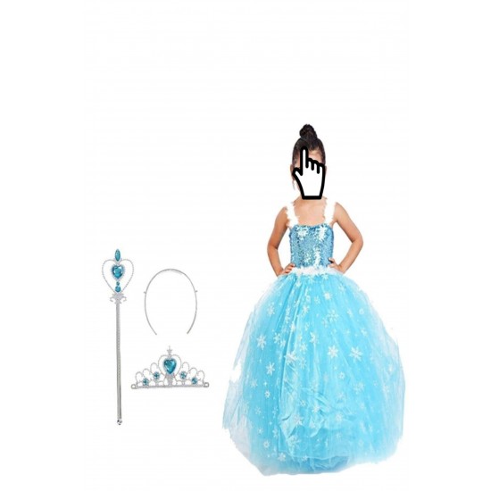 Kız Çocuk Askılı Tarlatanlı Taç Asa Eldiven Mavi Elsa Elbise Frozen