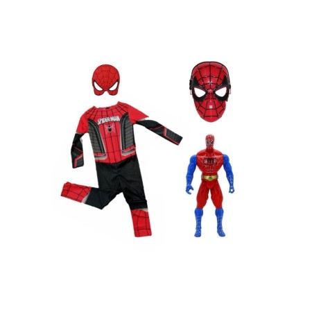 Siyah Kırmızı Spiderman Kostümü + Spiderman Figür + Spiderman Maske - Örümcek Adam Kostüm