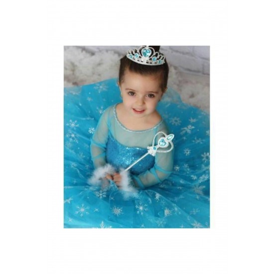 Kız Çocuk Mavi Elsa Kostümü Doğum Günü Elbisesi