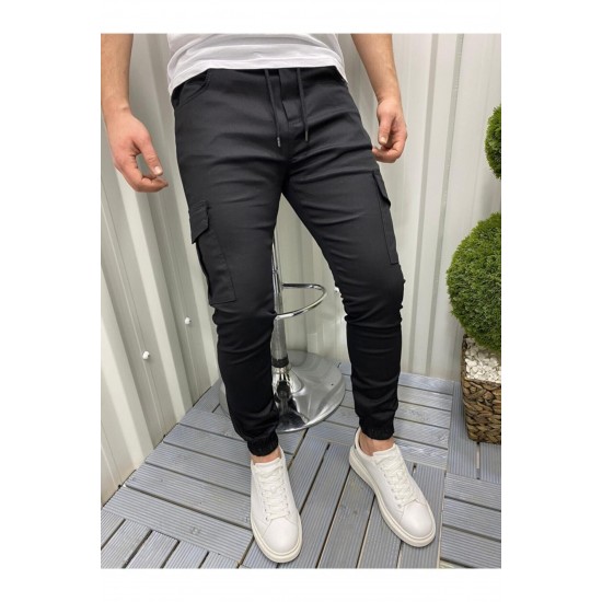 Slim Fit Beli Ve Paçası Lastikli Kargo Cep Pantolon (SİYAH)