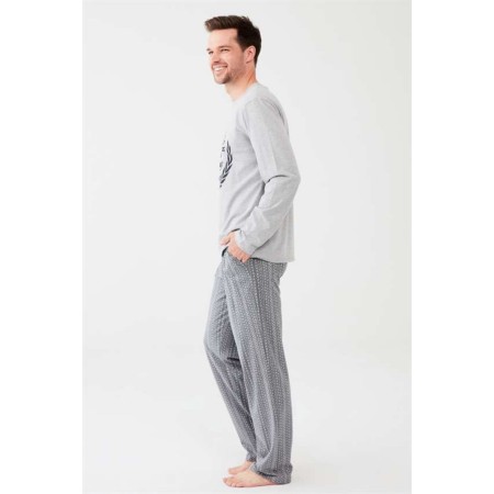 Yuvarlak Yaka Uzun Kol Gri Erkek Pijama Takım