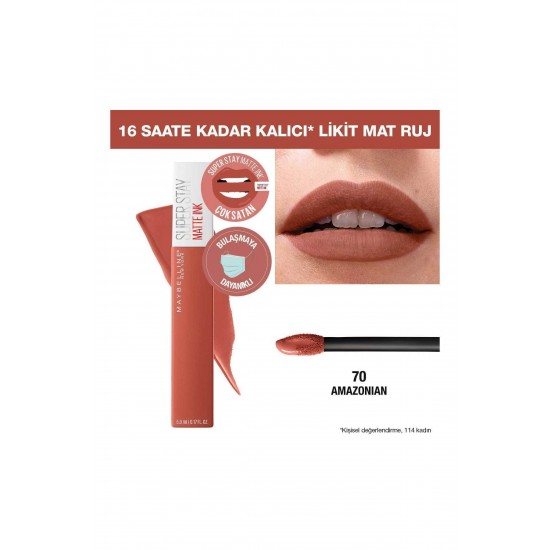 Super Stay Matte Ink Likit Mat Ruj 70 Amazonian + Total Temptation Mini Maskara Makyaj Seti