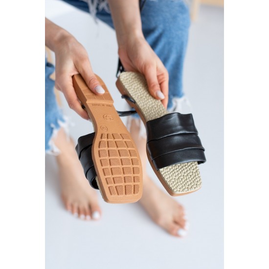Kadın Siyah Bağlamalı Sandalet Yeni Sezon Ipli Bilekten Bağlamalı Büzgülü Burgu Şık Rahat Sandalet