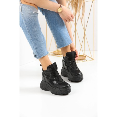 Visby 10 Cm Gizli Dolgu Topuk Siyah Fileli Sneaker