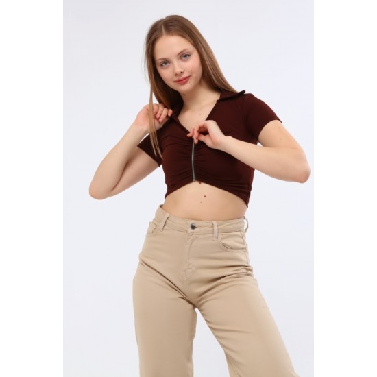 Fermuar Detaylı Polo Yaka Crop