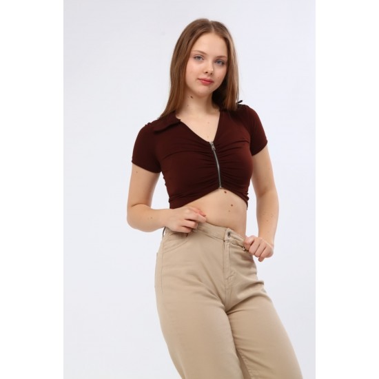 Fermuar Detaylı Polo Yaka Crop