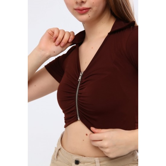 Fermuar Detaylı Polo Yaka Crop