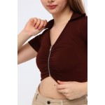 Fermuar Detaylı Polo Yaka Crop